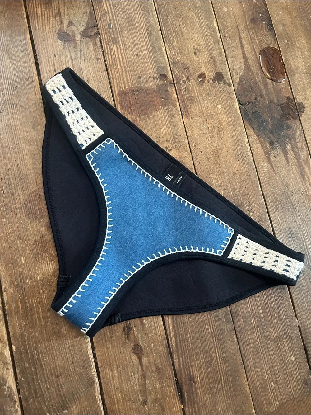 triangl swimwear Black 100% Neoprene Bikini Bottoms with faux denim crochet trim